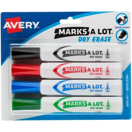 Avery Dry-erase Markers, Chisel Point, 4/PK, BK/RD/BE/GN PK AVE24409
